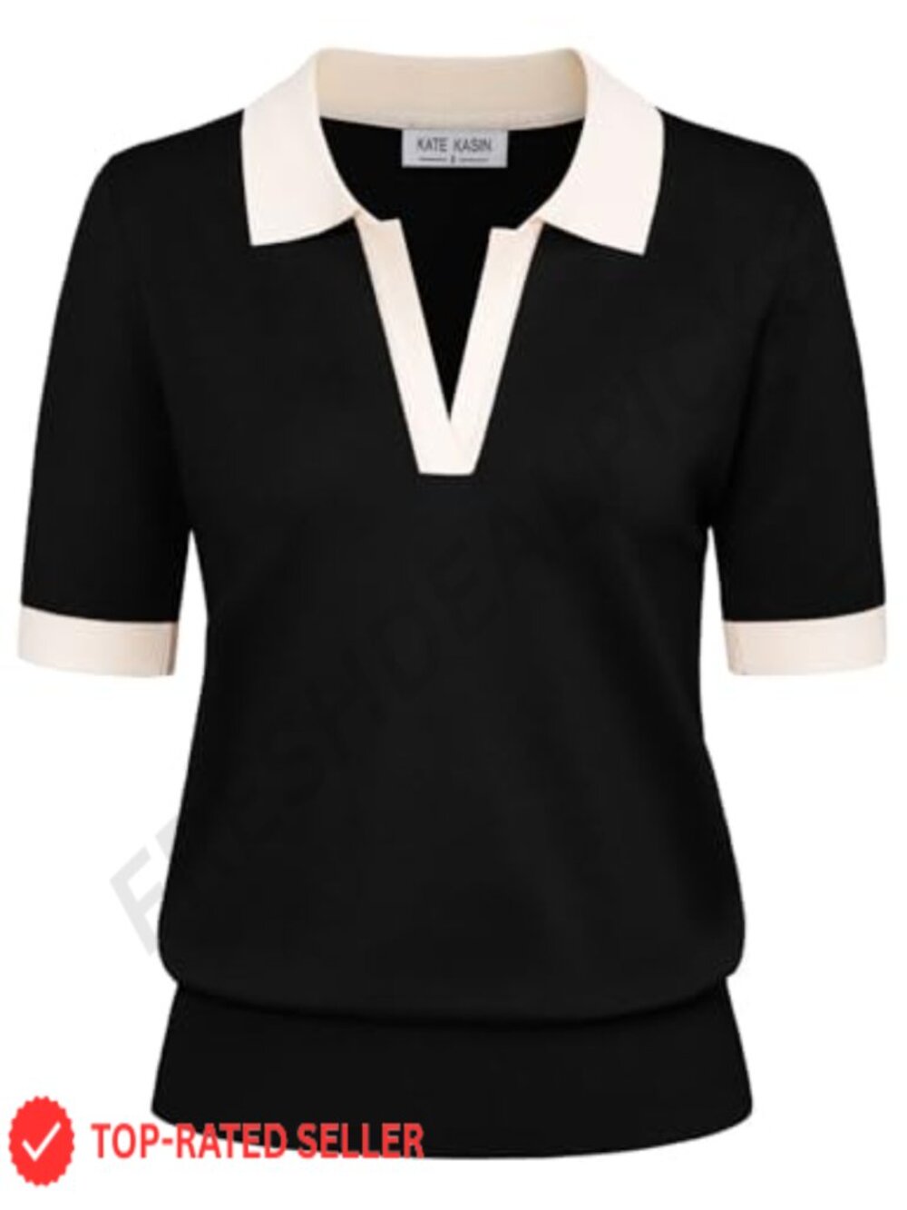 Women's Short Sleeve V-Neck Polo Sweater Top Ribbed Knit Casual Pullover